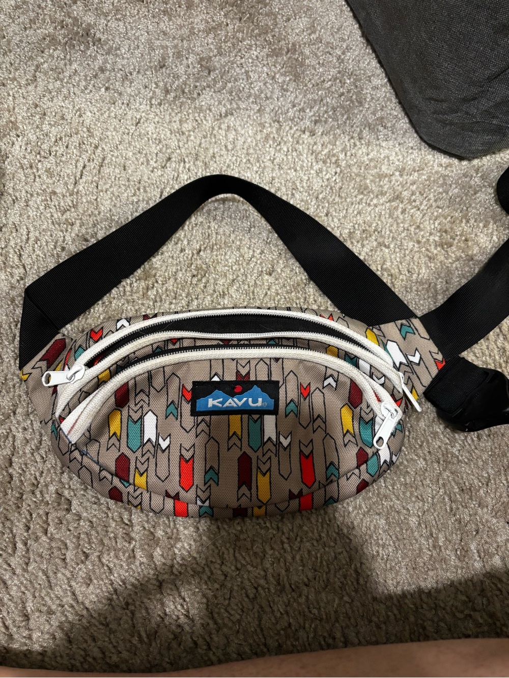 Kavu Taupe Arrow Print Belt Bag with Multicolor Accents